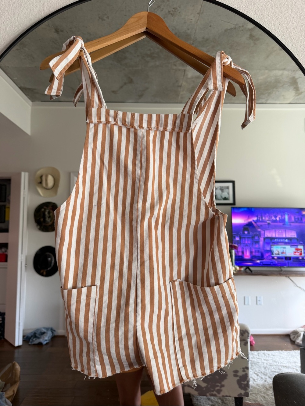 Striped Tie-Shoulder Short Jumpsuit in Tan & White